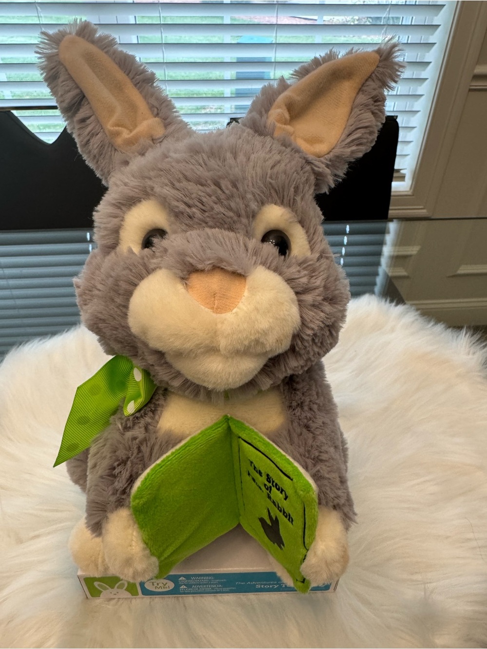Animated Peter Rabbit story Plush Gray Bunny with Green Storybook